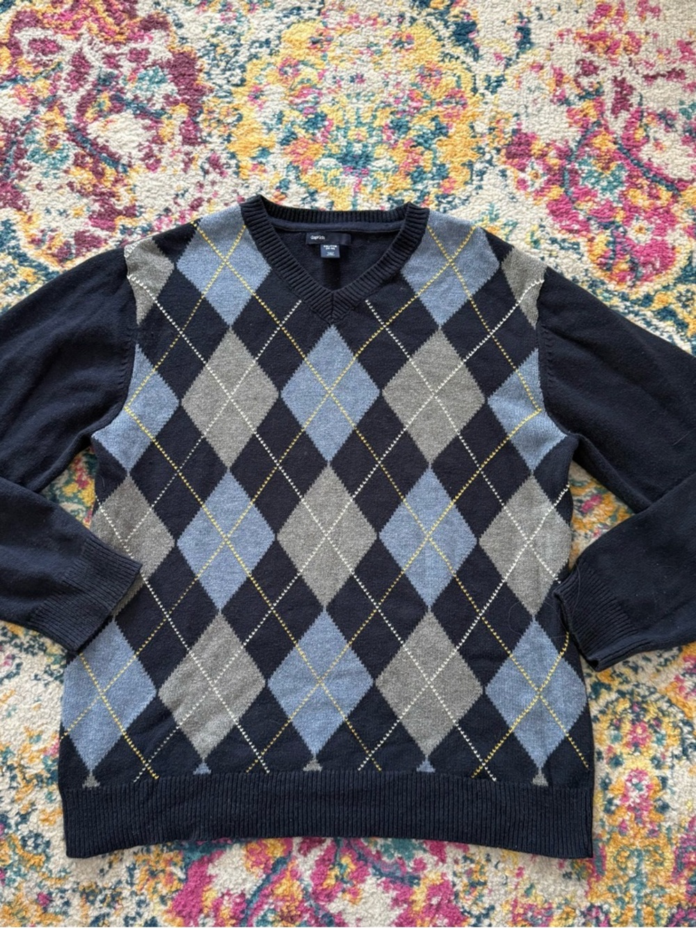 Y2K Vintage Argyle Sweater V Neck Preppy Knit Classic - Picture 2 of 2